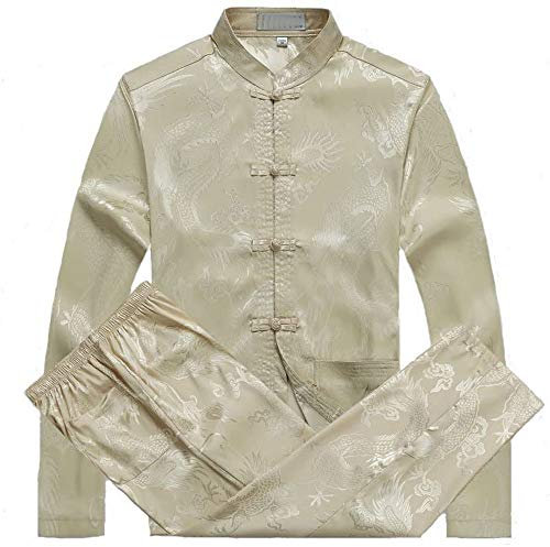 FGDIUCVN Kampfsportbekleidung Traditioneller chinesischer Kung-Fu-Kampfsportanzug für Herren, langärmelig, Tang-Anzug, Beige, L