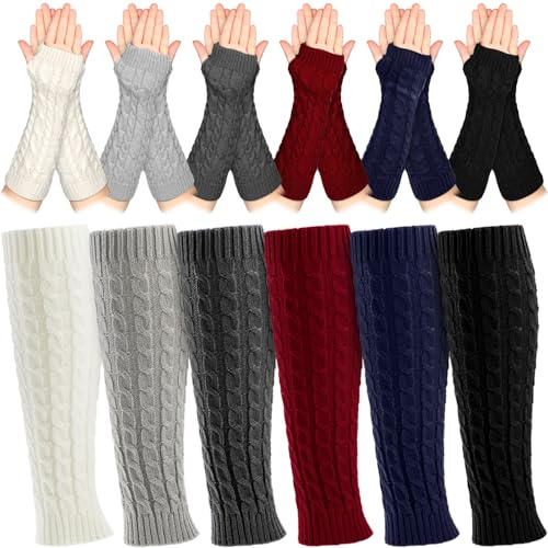 Therwen 12 Pairs Leg Arm Warmers Knit Fingerless Gloves for Women Wrist Warmers for Y2k 80s Winter Party Costume(Stylish Colors)