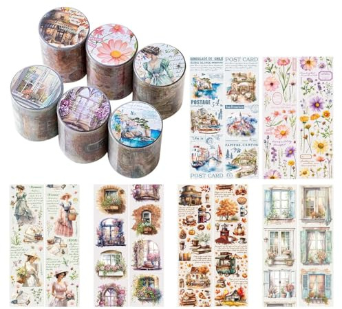 SLAXJNE 6 Rollos De Pegatinas De Material De Cinta, Accesorios para Diario y Álbumes De Recortes, Pegatinas para Bricolaje