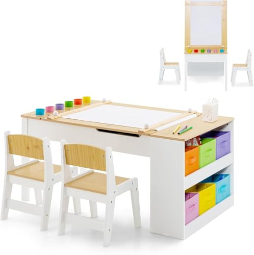 2 in 1 Kids Art Table and Chair Set, Toddler Craft Play Wood Activity Desk with 2 Chairs Paper Roll Storage Canvas Bins for Drawing Writing, Children Furniture for Nursery (Natural)