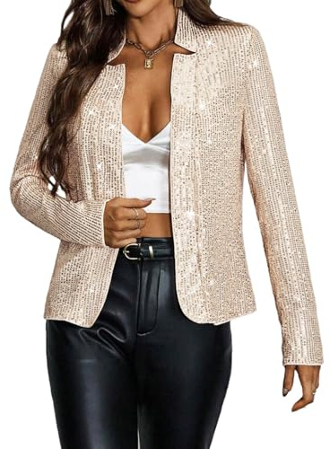 Haoohu Women’s Sequin Short Jackets Long Sleeve Open Front Coat Glitter Blazer Casual Coat Party Clubwear Champagne