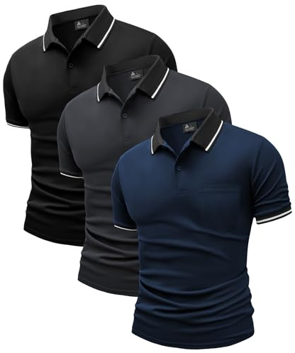JACKETOWN Lot de 3 Polo pour Homme Polo de Golf Manches Courtes Léger T Shirt Travail avec Boutons Printemps été Chemise Respirant
