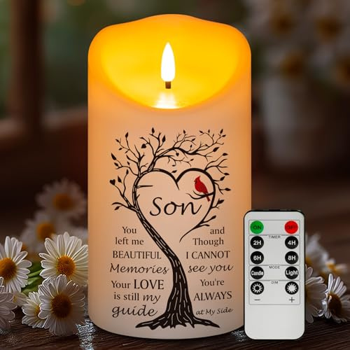 HN HAIINAA Flameless Memorial Candle for Loss of Son, Real Wax LED Light with Remote Sympathy Bereavement Gifts for Loss of Loved One Memorial Gifts for Loss of Son Remembrance Gifts (4 x 7)