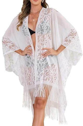 Wisebom Spets Baddräkt Täcker För Kvinnor, Strand Kimono Långärmad, Bikini Cover Up Genomskinlig Strandklänning För Semester Fest, Vit, one size
