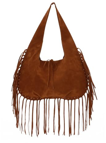 OPLERT Vintage Flecos Hombro Bolsas para Mujeres Occidental Hobo Bolsos Vegan Faux Suede Cuero Borla Monedero