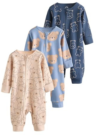 NEXT Bambini Confezione da 3 Tutine Senza Piedini per Neonati in Cotone con Zip bidirezionale Brown/Navy 3 Mesi