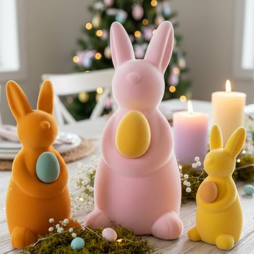 Lanpn Set de 3 Conejos de Pascua Flocados con Huevos, Figuras de Conejo para Decoración de Mesa, Estantería y Hogar – Decoración Primaveral (Colores Variados)
