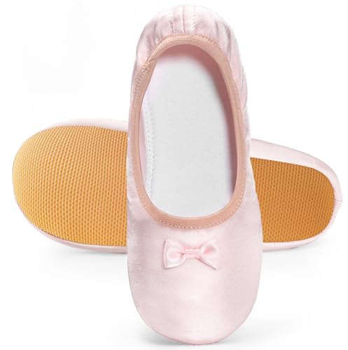 Comfyouth Chaussons de gymnastique en satin pour fille - Rose - Avec nœuds - Doublure en coton - Semelle Oxford