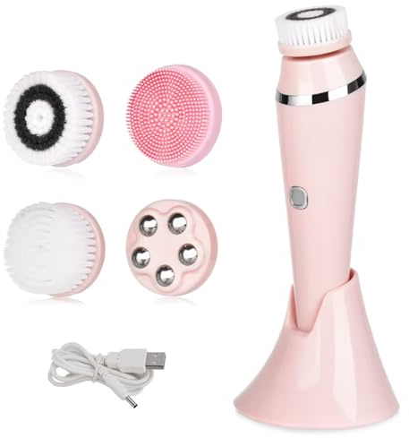 Electric Facial Cleansing Brush, 2-Way Rotating Face Scrubber with 3 Modes, 4 Interchangeable Brush Heads, Rechargeable, IPX7 Waterproof for All Skin Types (Daily & Deep Cleaning)