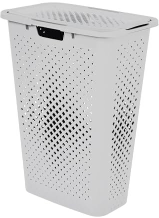 SUNDIS Pixel, portabiancheria con copercho, 40l, plastica riciclata, bianco sporco, ideale per piccoli spazi, 2 maniglie laterali e 1 maniglia inferiore, ventilazione su 4 lati