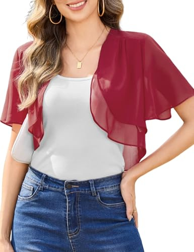 Aottori Bolero axeljacka för kvinnor sommar chiffong koftor UK damer kortärmad öppen framsida ren sjal toppar tunn beskuren cardigan jackor kväll bröllop, Kort vinröd, XL
