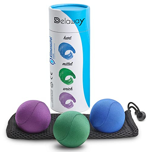 DELAWAY Anti-stressboll-set för vuxna – handterapibollar i 3 styrkor – klämbollar inklusive förvaringsväska – handtränare – relaxbollar för avkoppling och stress (6 cm, blå, grön, lila)