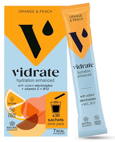 Vidrate Electrolytes Powder - Hydration Sachets Packed with Vitamins - Zero Sugar Rehydration Sachet, No Artificial Sweeteners & Preservatives - Orange & Peach Large Pack, 30 Electrolytes Sachets