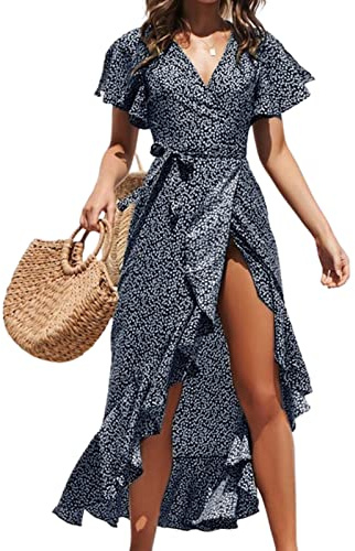 CUPSHE Abito Maxi Estivo Avvolgente da Donna Abito Casuale con Spacco Maniche Svasate a V Stile Ditsy Vita Regolabile con Nastro Volant per la Spiaggia