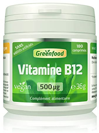 Greenfood Vitamine B12 (méthylcobalamine), 500 mg, dose élevée, 180 comprimés, vegan - pour un métabolisme énergétique normal. Sans additifs artificiels. Sans génie génétique.