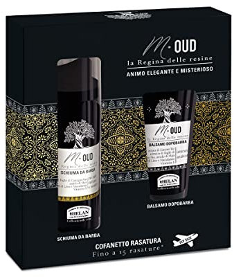 Helan M Oud Kit Barba con Schiuma 50 ml + Balsamo 20 ml - Set per Rasatura con Dopobarba Analcolico, Idratante e Delicato Contro Irritazioni - Idee Regalo Uomo - Made in Italy