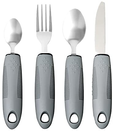 Jetisva Easy Grip Cutlery Set of 4 Gray Disability Aids with Knife Fork Spoon Large Wide Handled Arthritis Hands Aids Cutlery Adaptive Eating Drinking Utensils for Disabled People Elderly Parkinson