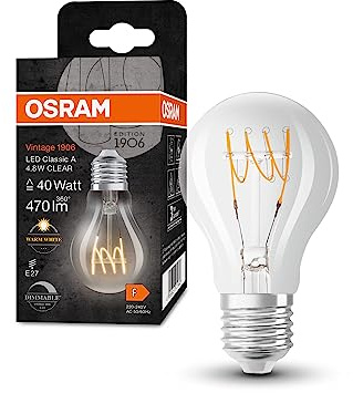 OSRAM Vintage 1906 Classic A FIL LED-Lampe, E27, Kolbenform, klar, 4,8W, 470lm, 2700K, warmweißes Licht, dimmbar, neues, ultraschlankes Filament, sehr geringer Energieverbrauch, lange Lebensdauer