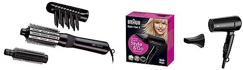 Braun Satin Hair 3 Warmluft-Lockenbürste & Satin Hair 3 Style&Go Haartrockner, Föhn mit IonTec und Stylingdüse, klappbar, HD350, schwarz,1600W, 100-240V