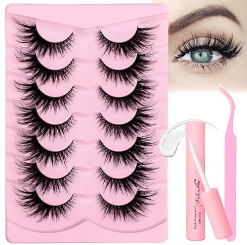 Veleasha Lashes Kit with Glue & Tweezer Cat Eye Lashes that Look Like Extensions Fluffy Faux Mink Lashes Wispy Lashes Natural Look 7 Pairs Fake Eyelashes Pack (Cat Eye)