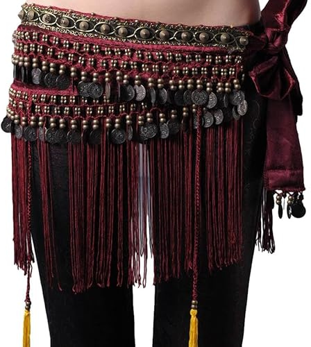 Baisdan Belly Dance Hip Scarf, Tribal Belly Dance Belt Skirt with Tassel Fringe Coins Flannel Shawl Wraps Belts for Women and Girls Rose Red M