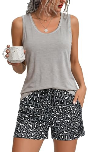 Bresdk Pijama Mujer Verano Corto Algodón Sin Mangas con Cuello Redondo | Punto de algodón elástico, cintura con cordón y bolsillos, para dormir y relajarse en casa