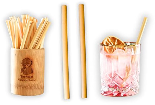 Strohkopf Naturstrohhalme Lot de 200 pailles jetables et durables en forme de tête de paille de 15 cm de long et 7-10 mm de diamètre, neutres au goût, stables et biodégradables, alternatives compostab