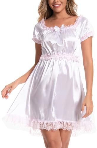 Satini Camisón Sissy Raso Encaje Estilo Doncella | Falda de Vuelo, Lazo a Juego, Cintura Elástica, Puños Fruncidos, Sin Cremallera, Cosplay y Crossdressing, Tallas S-XXL
