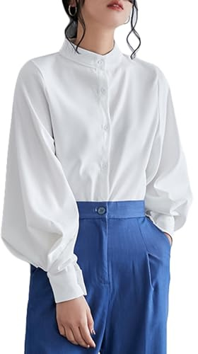 Inzegao Chemise vintage à manches longues pour femme, chemisier boutonné, col montant, coupe ajustée, pour le printemps et l'automne, blanc, Taille XL