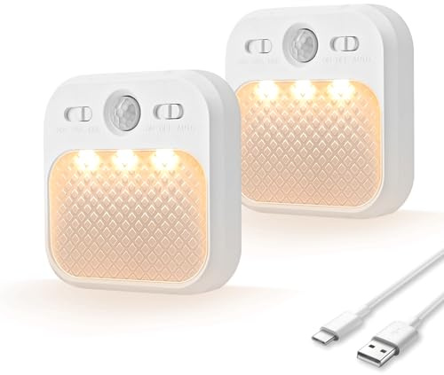 MERTTURM Luce Notturna Sensore Movimento[1 Mese una Carica], Ricaricabile Luce Notturna Bambini, 3 Colori e 3 Modalità e Dimmerazione Continua Luce Led per Corridoio/Scale/Bagno/Camere da Letto, 2 pz