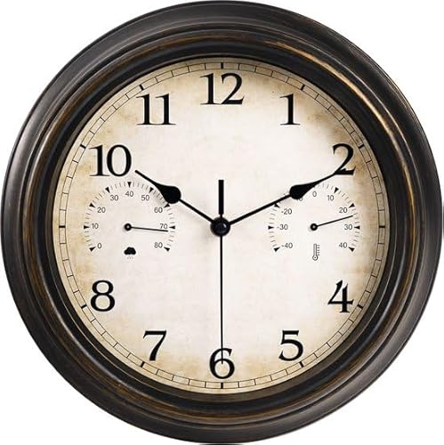 IvoQ Reloj exterior impermeable con termómetro e higrómetro – Reloj de pared impermeable – Vintage & Elegante – Perfecto para interiores y exteriores