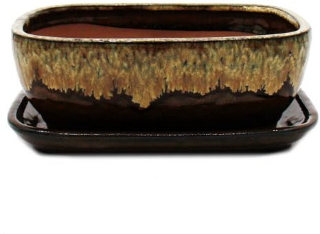 Bonsai-Schale mit Unterteller Gr. 4 - Braun-Beige - rechteckig - Modell GB5 - L 26cm - B 20cm - H 9cm