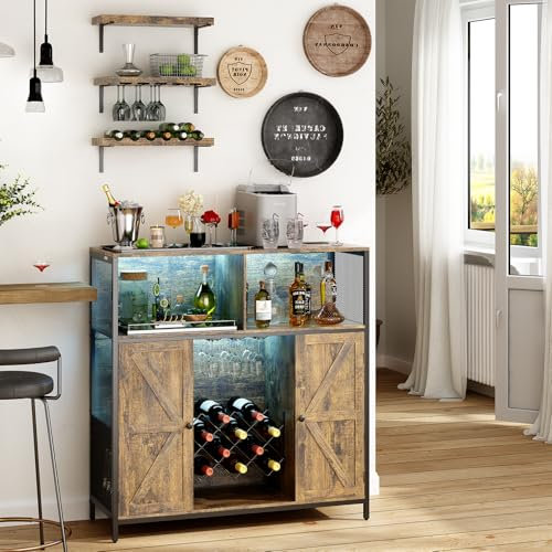 Roomark Weinschrank mit Ladesteckdose, 6 Fächer, Barschrank Vintage mit LED Licht, 108x39x111 cm Küchenschrank & Sideboard mit Weinregal aus Metall, Buffet für Küche, Wohnzimmer (Rustikales Braun)