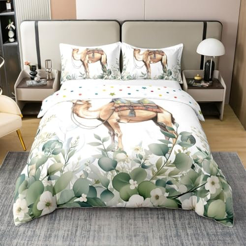Homewish 100% Baumwolle Kawaii Kamel 155x220 Bettbezug,Jungen Cartoon Tier Tröster Bezug,Wüste Tier Bettwäsche Set,Tropische Wildlife Bettbezug Grün Eukalyptus Weiße Blumen Dekor