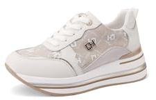 QUEEN HELENA Chaussures de Sport en Vrai Cuir avec Compensées Chaussures de Gymnastique Décontractées Femme QH9012, Blanc et or., 38 EU