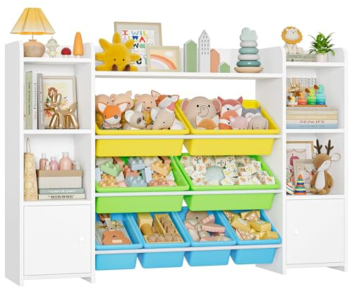 FOREHILL Toy Storage Unit Children's Bookcase Kids Storage Unit Toy Organiser with 8 Removable Boxes and Storage Shelves for Playroom Bedroom Living Room Yellow+Green+Blue