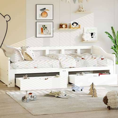 Sofa Cama Nido Doble 90/180 x 200 cm, Cama de día Extensible Madera con 2 Cajones de Almacenamiento Sofá Cama para 2 personas Extensible para Doble Sofá Cama Convertible, Sin Colchón (Sección H)