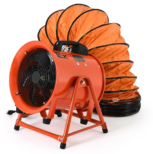 DWVO 10 Inch Explosion Proof Utility Exhaust Fan, Portable Blower with Adjustable A-Frame and 16FT PVC Ventilation Hose for Industrial, Paint Booth, and Commercial Applications