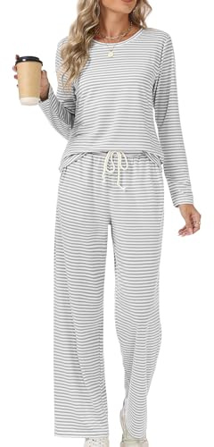 Rapbin Women's Striped Pyjamas Set Ladies Pjs Fall Soft Loungewear Long Sleeve Tops and Pyjama Bottoms Co ord Sets with Pockets Drawstring Grey and white stripes M