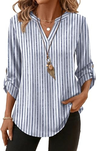 3/4 Length Sleeve Womens Tops Summer Business Casual Outfits for Women Work Blouses Dressy Casual Maternity Shirts Trendy Spring Fashion Women's Clothing Blue Stripe XL