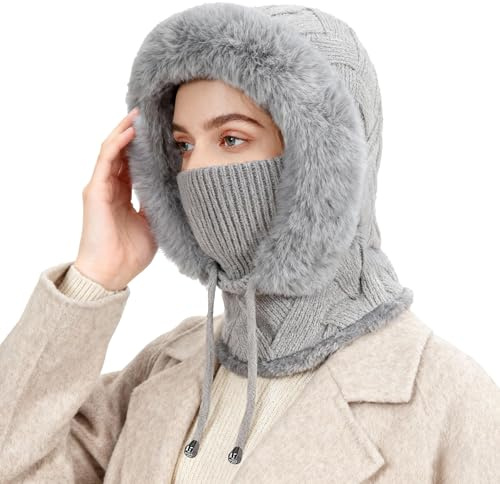 AYPOW Varm stickad vintermössa med halsvärmare för kvinnor, vindtät balaklava, skidmask, mössa, hattar, termisk fleecefoder med dragsko, mjuk ullig halsduk för kvinnor utomhus