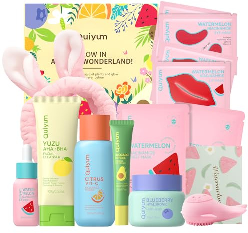 QUIYUM Set Regalo per la Cura della Pelle ai Frutti, Kit Skincare Idratante Viso 14 Pezzi, Routine di Bellezza per Donne e Adolescenti, Idratazione Intensa, Luminosità Naturale