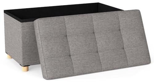 COSTWAY Puff Almacenaje de 78 L, Puff Banco de Tela de Lino al Final de Cama con Bandeja y Patas de Madera de Caucho, Taburete Reposapiés para Salón, Dormitorio y Entrada, 76 x 38 x 39 cm, Gris