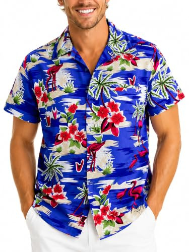 King Kameha Camisa Hawaiana Hombre de Manga Corta con Estampado Tropical de Palmeras y Flamencos