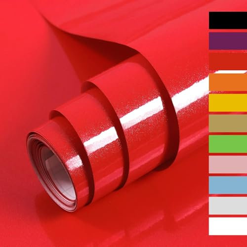 Hode Red Vinyl Wrap 60X500cm, Red Sticky Back Plastic Roll, Self Adhesive Wallpaper for Furniture Kitchen Cupboard Worktops Vinyl Covering Contact Paper Glitter Effect