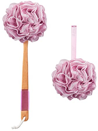 AmazerBath Shower Sponge Loofah Back Scrubber, PE Soft Mesh Loofah Body Scrubber with Long Wooden Handle, Bath Sponge for Men Women (Pink)