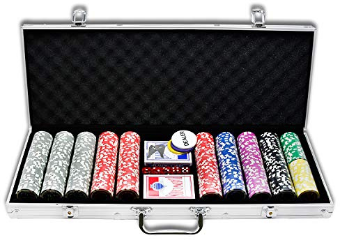 LARS360 Set da poker professionale con valigetta in alluminio con 500 chips laser di alta qualità, 2 poker e 5 dadi, 2 chiavi, 3 pulsanti per dealer