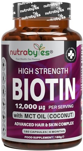 Nutrabytes High Strength Biotin 12,000mcg, 180 Capsules | Hair, Skin & Nails Complex Beauty Supplement with MCT Coconut Oil | Advanced Supplements for Energy, Brain & Heart Health | 6 Month Supply