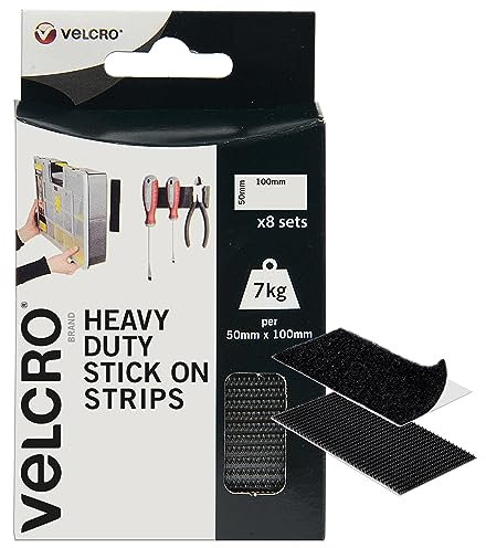 Velcro Marque | Bandes Autocollantes Ultra-Résistantes | Bandes Auto-Adhésives de Qualité Industrielle | Parfaites pour la Décoration Intérieure et l’Usage Domestique | Noir | 50mm x 100mm | Lot de 8