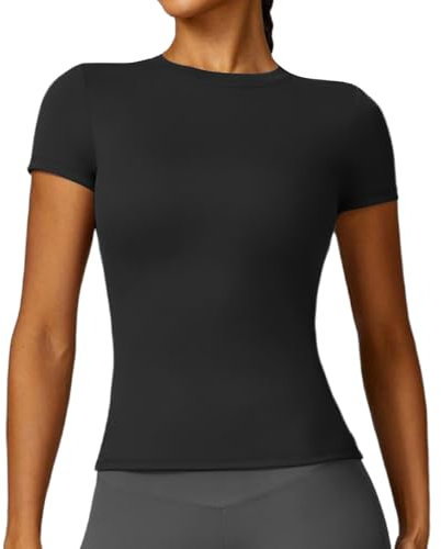 Women's Gym Tops Slim Fit Crew Neck Short Sleeve Tight Basic Solid Tee Athletic Running Yoga Sports T-Shirts Black